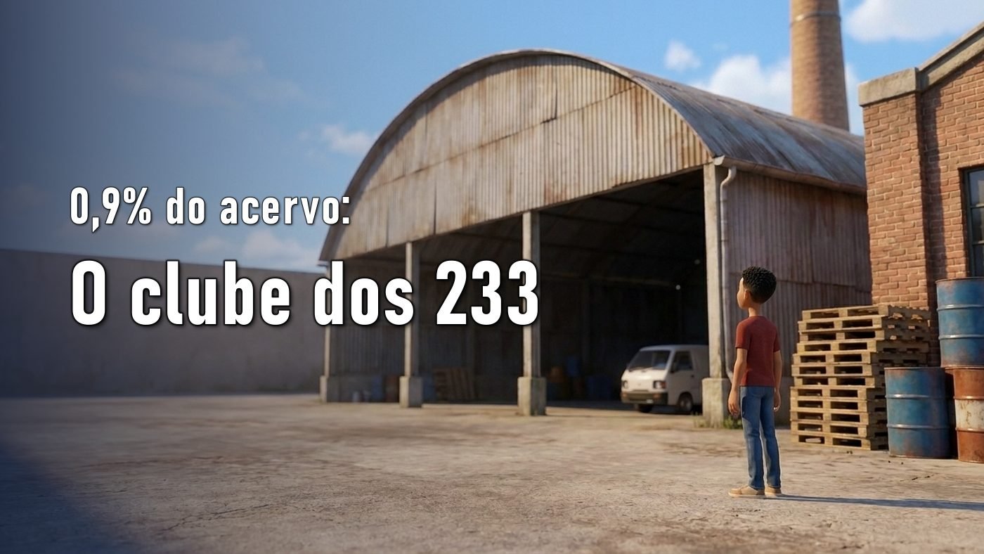 Ilustração de um homem diante de um galpão de telhado curvo com pátio de concreto