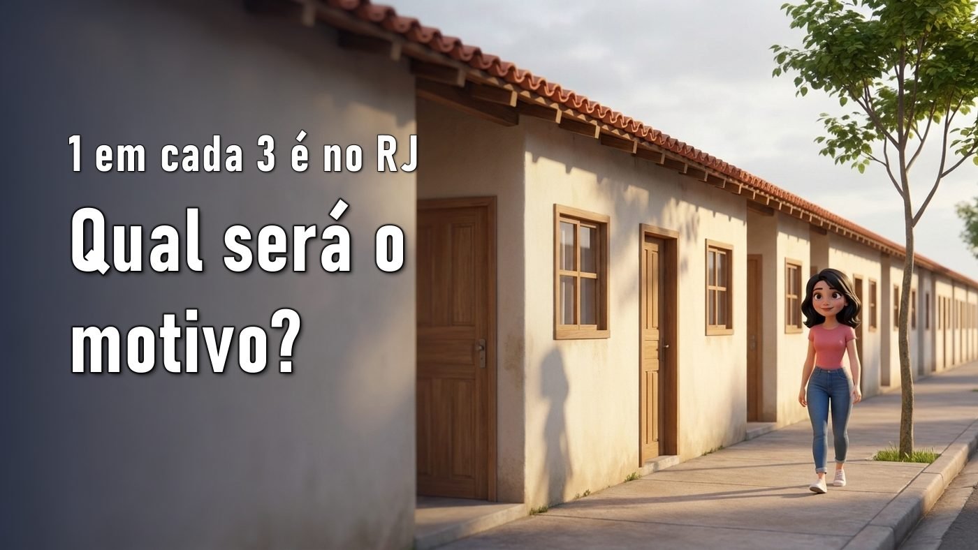 Ilustração de uma mulher caminhando por uma fileira de casas iguais ao entardecer